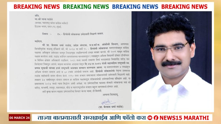 हिंगोली लोकसभेसाठी कैलास राठोड इच्छूक.! काँग्रेस प्रदेशाध्यक्षांना लिहलं पत्र...
