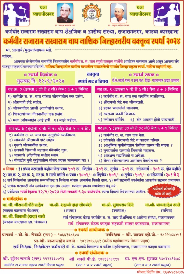 कर्मवीर राजाराम सखाराम वाघ जिल्हास्तरीय वकृत्व स्पर्धेचे १२ रोजी कादवा येथे आयोजन...